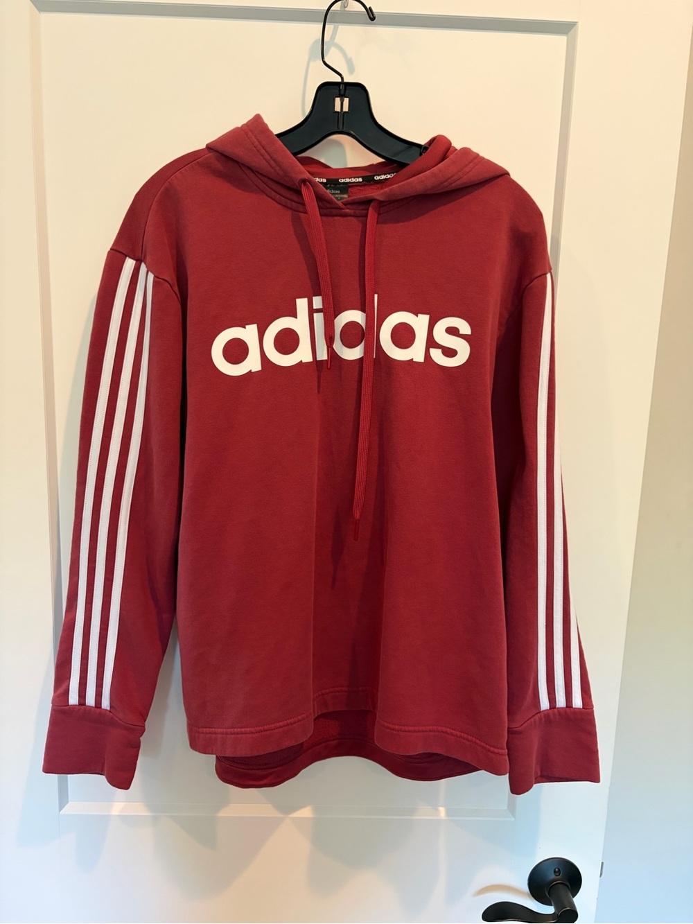 adidas Red Crewneck Hoodie with White Logo & Stripes.  Size L